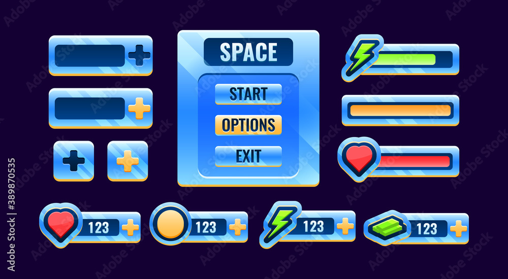 Wall mural set of gui space bar, board menu, panel icon for game ui asset elements vector illustration