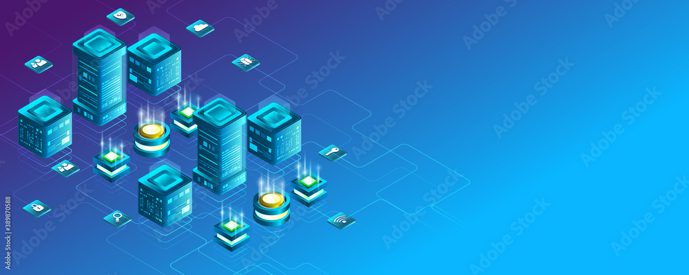 Poster Modern Cyber security for business and internet project. Data security services. Creative Web hosting banner. Technology concept for data center with server or hosting. Data protection privacy.