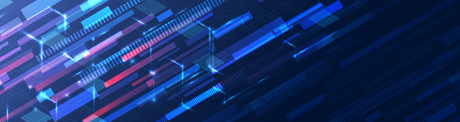 Hi-tech computer concept. Futuristic illustration of colorful light rays.  Technology stripe glowing lines. Digital communication. Speed and motion blur over dark  background. Web banner