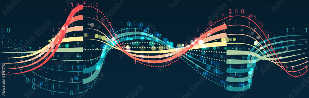Poster Big data visualization. Information analytics concept. Abstract stream information. Filtering machine algorithms. Sorting binary code. Vector technology background.