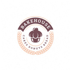 Bakery badge or label retro vector illustration cupcake and wheat silhouettes for bakehouse