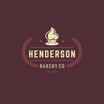 Bakery badge or label retro vector illustration cupcake and wheat silhouettes for bakehouse