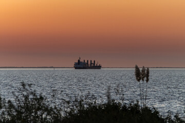 Obraz premium Big cargo ship during a deep orange sunset at Uruguay River, Colonia, Uruguay. Some reeds can be seen on the background of the image. The image has landscape orientation