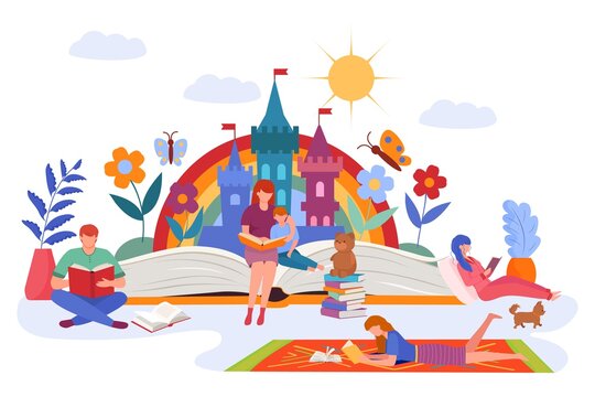 Family fantasy by story book, vector illustration. Literature for children, girl, kid happy child character. People read book, childhood reading and cartoon young imagination about fairy tale.