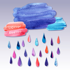 Watercolor brush rain clouds and rainbow raindrops.   Multicolored hand drawn vector illustration.
