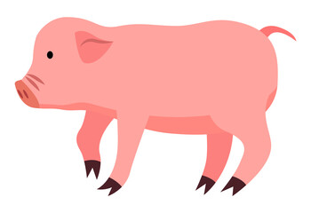 Cartoon cute pig isolated on white background. Little piglet with funny face vector illustration. Domestic, farm agricultural animal. Pink piggy, animal likes to dig in the ground and lie in the mud