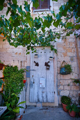 Fototapeta na wymiar old wooden door in the Komiza town, Vis island, Croatia 