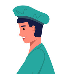 Doctor in medical uniform green cap and suit. Vector lllustration young handsome intern avatar in a flat style. Physician male smiling character side view. Man medical worker on white background