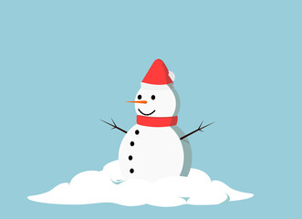 A snowman with snows around and blue background. Vector Illustration.