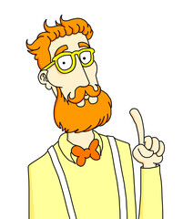 Cartoon illustration of a red-haired hipster with suspenders and bow tie showing his index finger