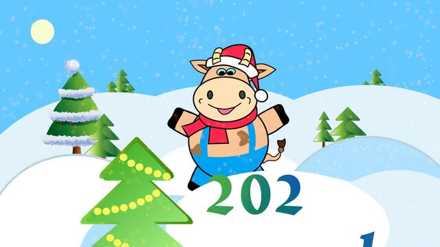 Merry Christmas and Happy New year 2021 video illustration. Cartoon cute bull. Animated greeting card.