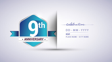 9th anniversary invitation card for birthday celebration isolated in blue hexagon shape, vector design.