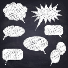 Set of hand drawn speech and thinking bubbles. Different emotional chat boxes. Chalk drawn talk balloons. Chalkboard background. Vector Illustration.	