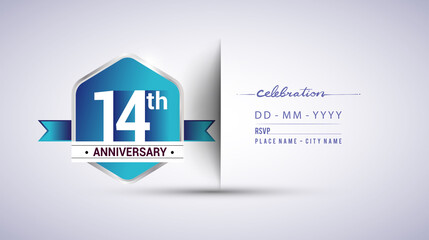 14th anniversary invitation card for birthday celebration isolated in blue hexagon shape, vector design.