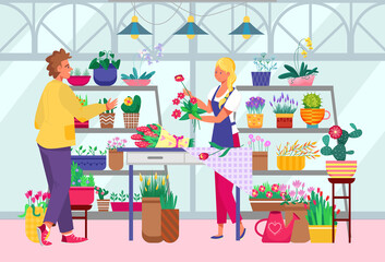 Florist make bouquet in shop, female people in floral business store, vector illustration. Woman owner at plant retail sale, flower occupation. Working service indoors, happy girl in apron.