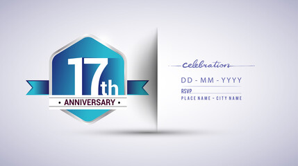 17th anniversary invitation card for birthday celebration isolated in blue hexagon shape, vector design.