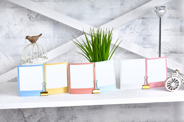 Colorful reminders, blank pieces of paper clamped by binder clips on white shelf, green plant and figurine of bird sitting on cage. Copy space