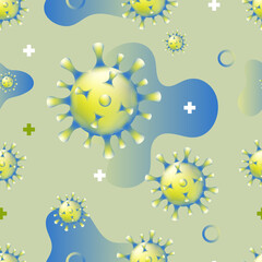 Seamless Pattern of Corona virus disease, bacteria coronavirus Covid19 background with disease cells on green background, Spread dangerous virus pandemic concept.