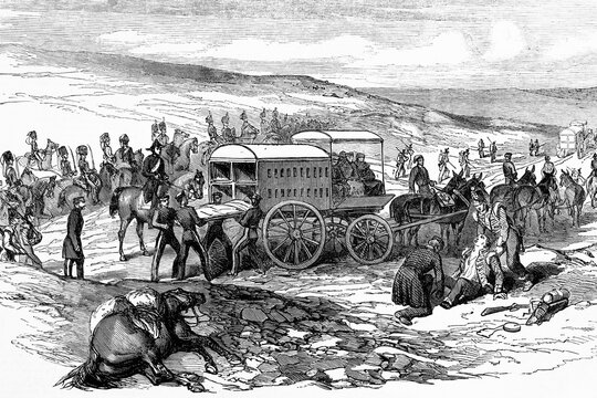 Siege of Sebastopol. Crimean war. Ambulances. 1854. Antique illustration. 1867.