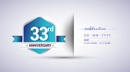 33rd anniversary invitation card for birthday celebration isolated in blue hexagon shape, vector design.