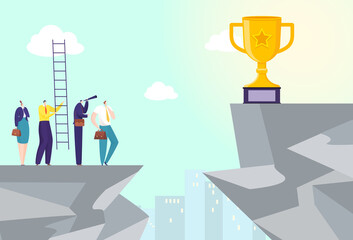 Goal achievement at hill, business success winner at mountain, vector illustration. Man woman people team character on top concept. Worker thinking about strategy, picking up trophy.