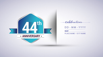 44th anniversary invitation card for birthday celebration isolated in blue hexagon shape, vector design.