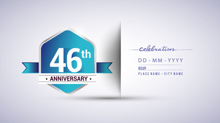 46th anniversary invitation card for birthday celebration isolated in blue hexagon shape, vector design.