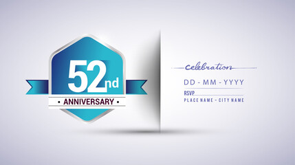 52nd anniversary invitation card for birthday celebration isolated in blue hexagon shape, vector design.