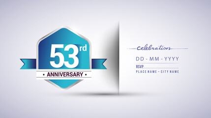 53rd anniversary invitation card for birthday celebration isolated in blue hexagon shape, vector design.