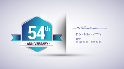 54th anniversary invitation card for birthday celebration isolated in blue hexagon shape, vector design.