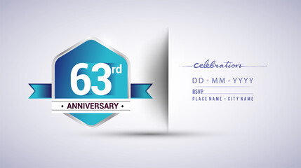 63rd anniversary invitation card for birthday celebration isolated in blue hexagon shape, vector design.