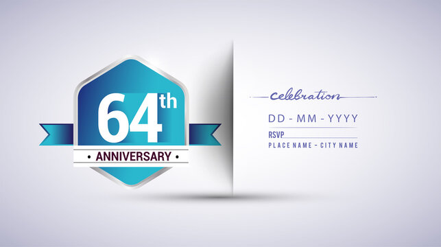 64th anniversary invitation card for birthday celebration isolated in blue hexagon shape, vector design.