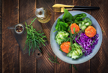 Keto/ketogenic food. Chicken meatballs and salad on wooden background. Dinner. Buddha bowl. Top view, overhead.