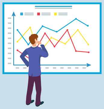 Business education, board with graphs and charts, male investigating sales. Vector cartoon guy and changing statistical data, back view of manager worker