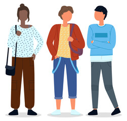 Set of cute characters at white background, multinational and multiracial men and woman. Black afro girl standing near two caucasian guys hipsters. Vector illustration of three different people