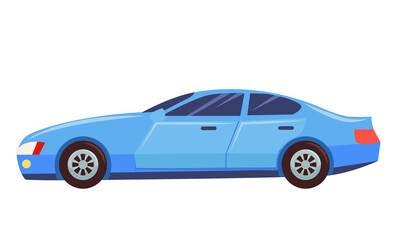 Blue car isolated on white background. Sedan with dark toned glasses. Auto to drive and get your destination quickly. Wheeled motor vehicle used for transportation. Vector illustration in flat style