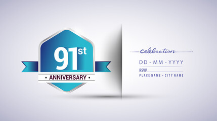 91st anniversary invitation card for birthday celebration isolated in blue hexagon shape, vector design.