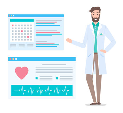 Doctor therapist and medical applications for working on a computer. Cardiological program for recording patient examinations, establishing diagnosis. Medic man near doctor appointment schedule