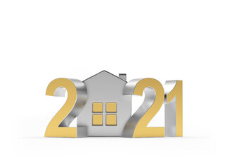 Gold number 2021 with silver house icon isolated on white background. 3d illustration