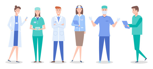 Collective of doctors and nurses characters set flat style. Medical doctors people group icon on a white background vector. Medical professional workers man and woman wearing special clothes