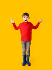 Happy little boy in autumn clothes on color background