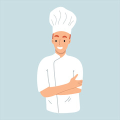 Young smiling confident Man Chef with crossed arms. Vector hand drawn illustration. Cartoon style. Flat design.