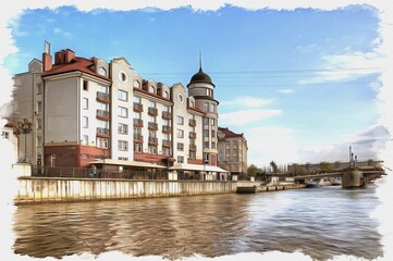 Fototapeta premium The city of Kaliningrad. Lighthouse in Fish Village. Imitation of oil painting. Illustration