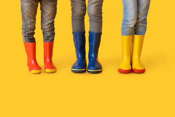 Cute little children in gumboots on color background