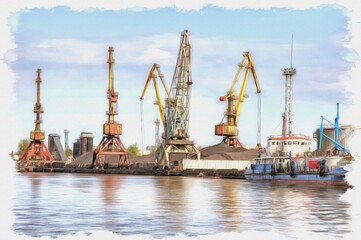 Fototapeta premium Kaliningrad. Cargo port. Imitation of oil painting. Illustration