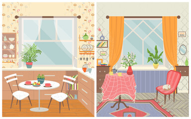 Home interior vector, room for eating and spending time. Table with chairs and food, kitchen and lounge. Armchair with sleeping cat flat style set