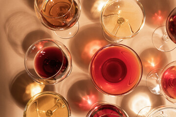 colored cocktails with shadows on a beige background