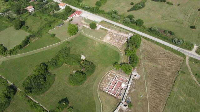 Aerial view of ruins of ancient Roman city Nicopolis ad Nestum near town of Garmen, Blagoevgrad Region, Bulgaria
