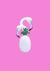Contemporary collage. 3D illustration. A pair of white flamingos and a white pineapple on a pink background.