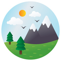 Mountain landscape with snowy peaks, with grass and tree, under blue sky with clouds Concept Vector Icon Design, 